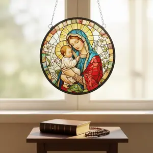 Stained Glass Mother & Child Suncatcher, Christian Glass Window Hanging, Colored Light Catcher Art for Home, God and Jesus Faith Decor, Spiritual Window Decoration