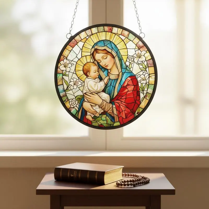 Stained Glass Mother & Child Suncatcher - Colorful Christian Faith Art, Multi-Size Brilliant Light Reflection Home Decor, Spiritual Window Hanging for Bedrooms, Birthdays