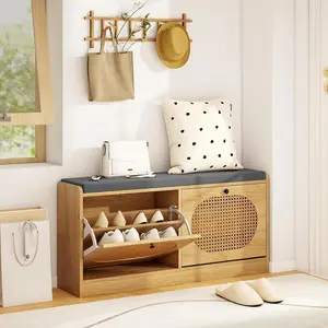 COSTWAY Shoe Storage Bench with Seat Cushion, Rattan Entryway Bench with 2 Flip Drawers & Adjustable Shelves, Boho Shoe Rack Bench, Shoe Cabinet Organizer for Hallway, Living Room, Natural & Gray