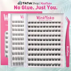 No Glue Natural Lash Clusters with Tweezers, WinkYoko Self Adhesive Eyelashes Upgrade, BASF Fiber, C Curl, 10-14mm Mixed Length Individval Lashes, Glue Free, Ultra-Thin Invisible Band, Pre-Glued Gentle Long-Lasting, Beginner-Friendly DIY Makeup at Home