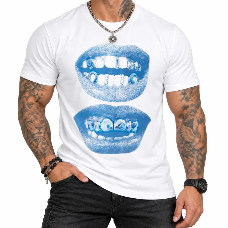 [100% Cotton] Double Blue Lips Grillz Boxy Cotton Tee Shirt Boxy Shirt, Y2K, Fashion, Streetwear, Unisex, Men, Women, Cotton, Crew Neck, Y2K Golf Gift T-Shirt For Men And Women Men Tee Menswear Top