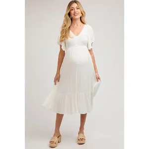 Ivory Smocked Ruffle Maternity Dress