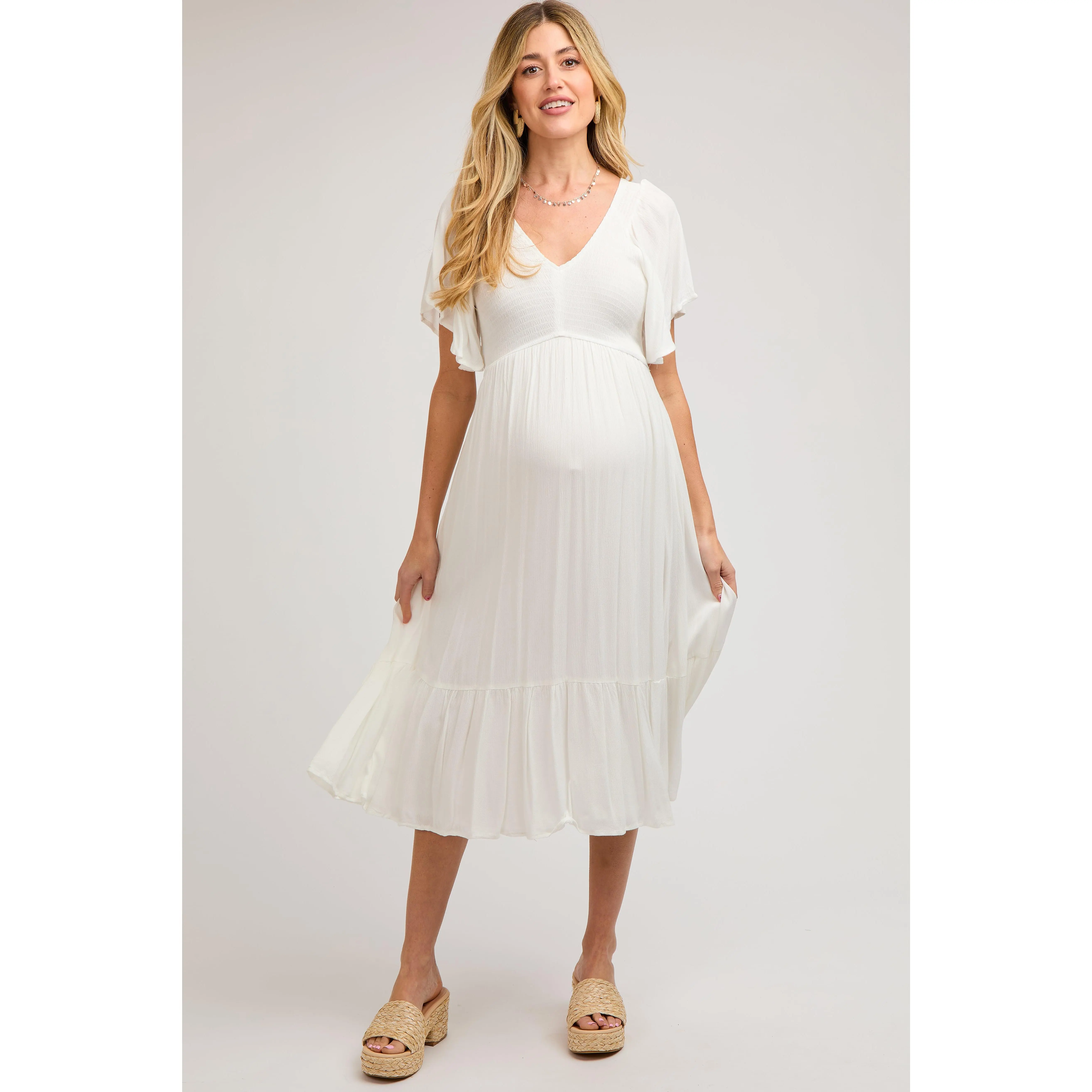 Ivory Smocked Ruffle Maternity Dress - TikTok Shop Ivory Smocked Ruffle Maternity Dress - TikTok Shop