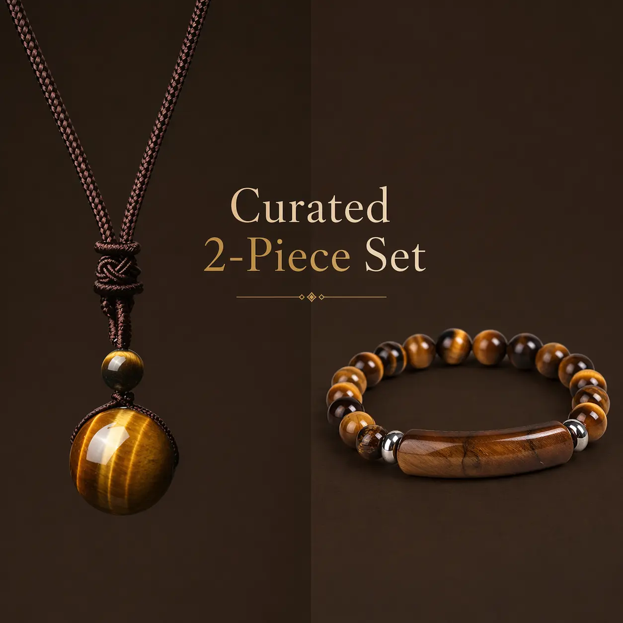 Unisex 2-Piece Genuine Stone Jewelry Set - Natural Tiger Eye Beaded Bracelet & Sphere Pendant Necklace, Adjustable, Crafted from Genuine Stone, Attracts Wealth, Gift for Special Occasions, Blessing Gift
