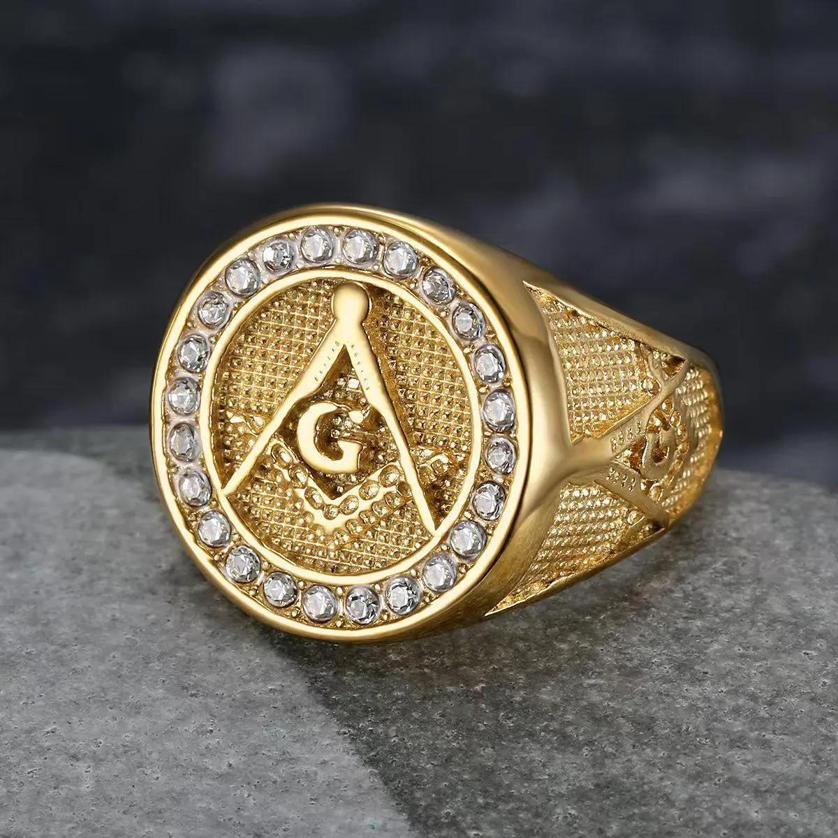 Men's Multi-Size Stainless Steel Vintage Alphabet Design Ring - G-Letter, Geometric Structure, Sparkling Zircon Inlay, Luxury Party & Festival Gift Fashion Accessory, Alphabet Design Rings