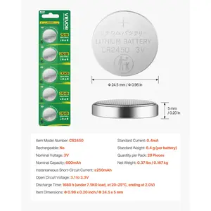 VEVOR CR2450 Lithium Battery, 20 Count (Pack of 4) Lithium Coin Battery, Non-Mercury and Anti-Swallow Designed, Long Lasting 3V CR 2450 Cell Batteries, for Key Fobs, Glucometers, and Other Devices