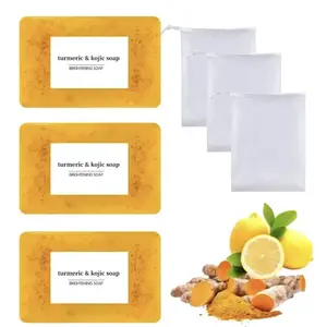 Lemon KojicAcidTurmeri Soap, Natural Organic Turmeric Face and Body Wash Soap Bar, Even Out Skin Tone, Lemon Turmeric Glowing Skin Care Soap, Deep Clean,with Soap Saver Bags