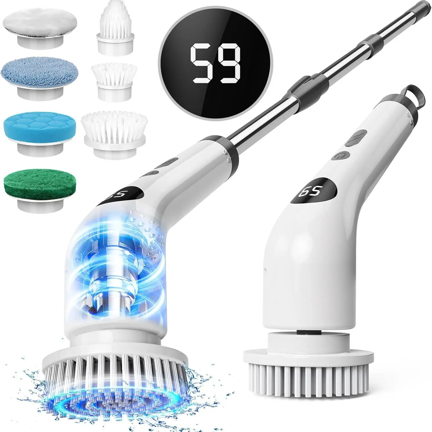Wireless Electric Rotating Cleaning Brush, LED Display Adjustable Speed, 7 Interchangeable Heads, Long Handle, Bathroom Floor Car Tile Cleaner, Cleani