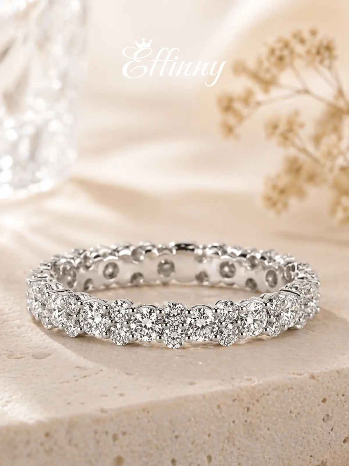 Effinny 14K Gold Plated Round Cut Tarnish-resistant 925 Sterling Silver Full Eternity Wedding Band, CZ Stacking Fashion Women's Jewelry for Travel, Party