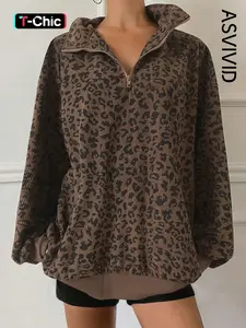 Women's Casual Leopard Print Quarter Zip Corduroy Pullover Sweatshirt, Spring & Fall Fashion, Comfortable and Stylish