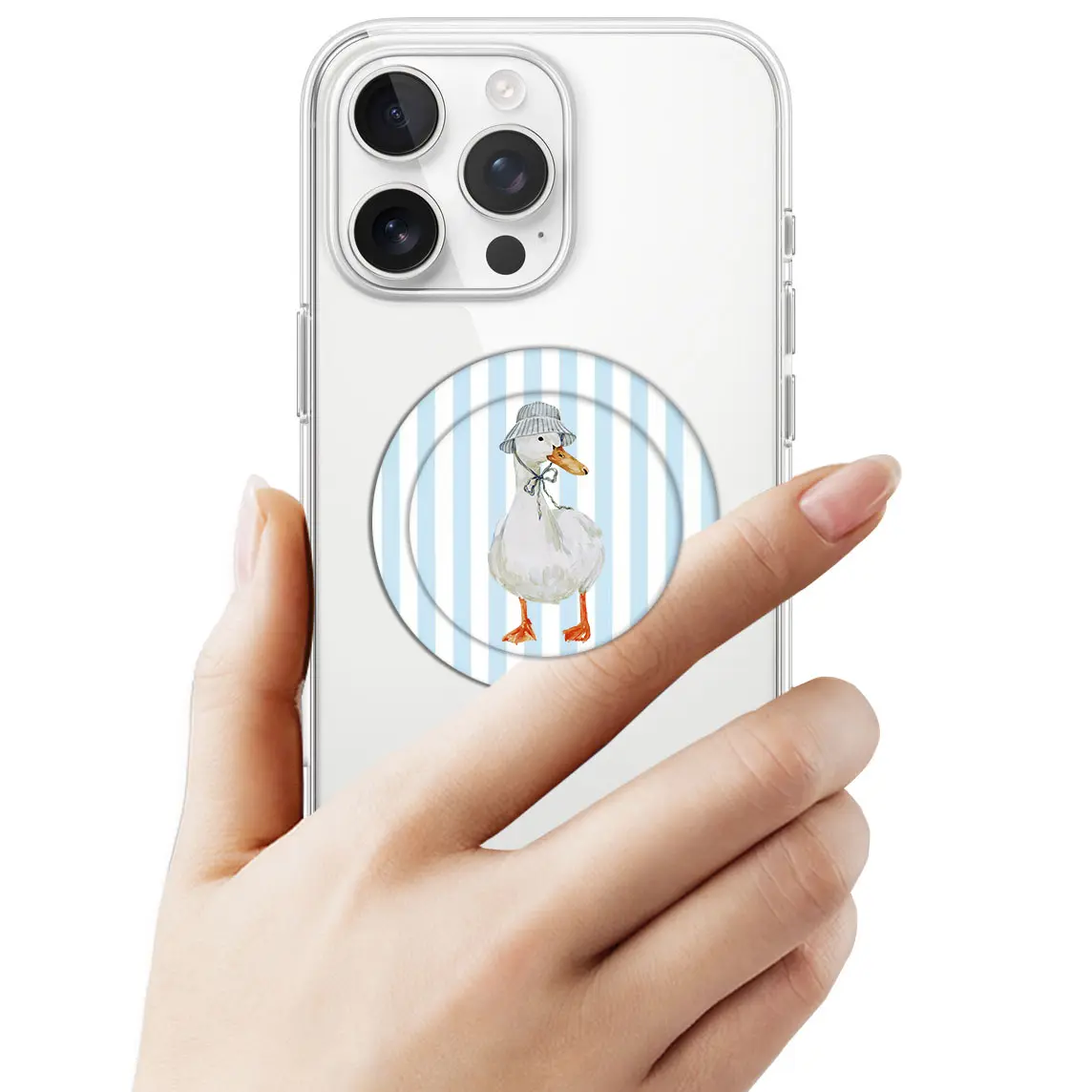 Mclaiwoodshop Cute Duck With A Hat On Soft Blue Stripe Sunny Day Magnetic Phone Grip MagSafe Phone Grip Cute Love Phone Holder Magnetic Pop Socket Phone Grip Popsocket