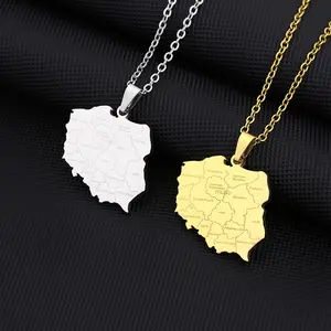 Stainless Steel Poland Map and City Pendant Necklace Men and Women Couples Fashion Trend Titanium Steel Jewelry