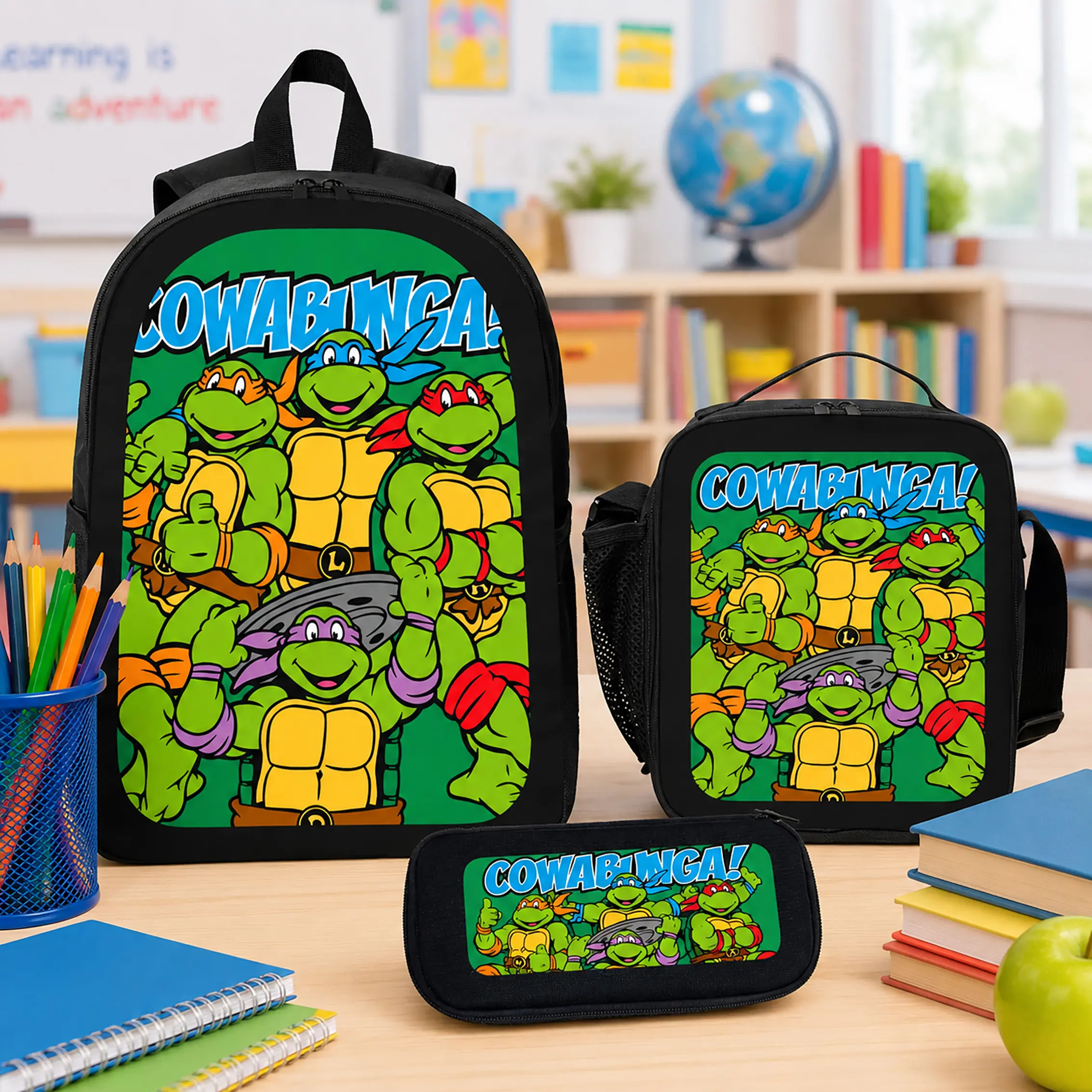 Teenage Mutant Ninja Turtles Backpack Set Polyester 3 Piece School Backpack Lunch Bag Pencil Case Large Capacity Lightweight Bookbag For School Travel Back To School Boys Girls Kids Teens Students Cartoon Fans Birthday Gift