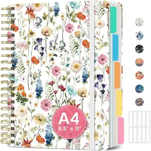 Large Spiral Lined Notebooks for Work with Removable Dividers & Tabs, 8.5"x11" Pretty Hardcover 5 Subject Notebook Journal for Women, College Ruled, Perfect for Study & Office Organization, 280 Pages,Wildflowers