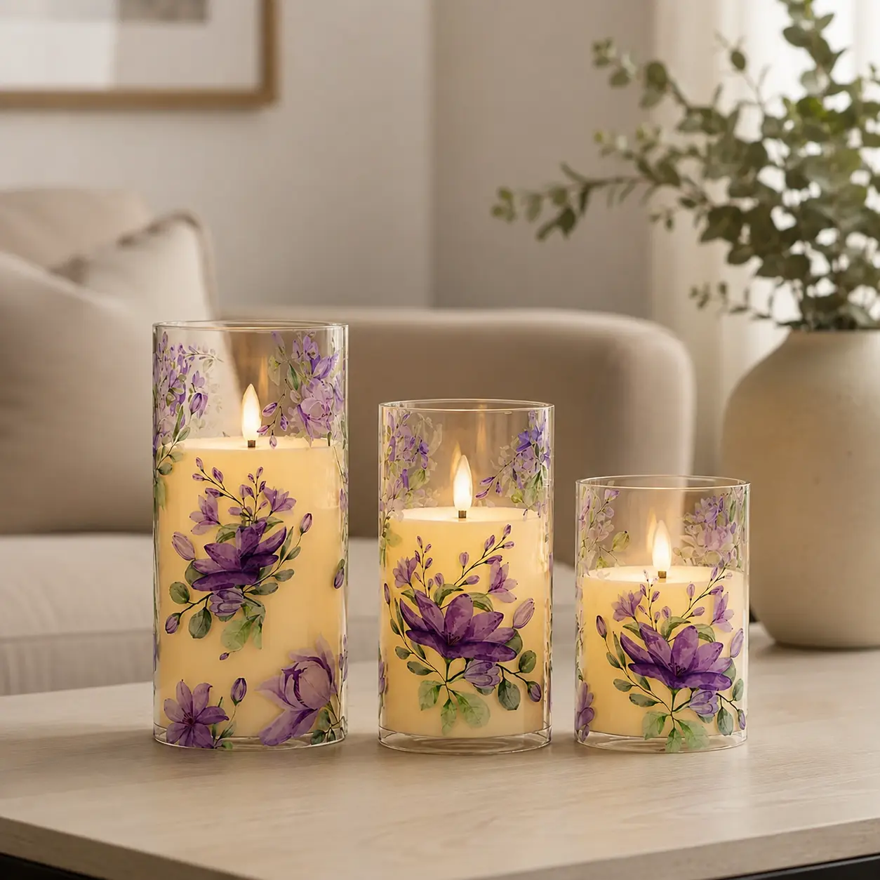 3-Piece Flame-Free Floral LED Pillar Candles Set - 6in, 5in, 4in Purple Candles with Warm Yellow Light, Ideal for Living Rooms, Indoor Home Holiday Decor