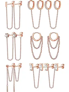 Glamorous 6 Pairs Rose Golden Chain Stud Earrings Elegant Copper Ball Stud Earrings for Women Men Shining CZ Dangle Earrings Bar Stud Earrings Huggie Hoop Piercing Earrings