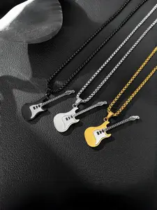 Men's Punk Style Stainless Steel Guitar Pendant Necklace, Streetwear Classic Design, Perfect for Daily Wear & Music Festivals