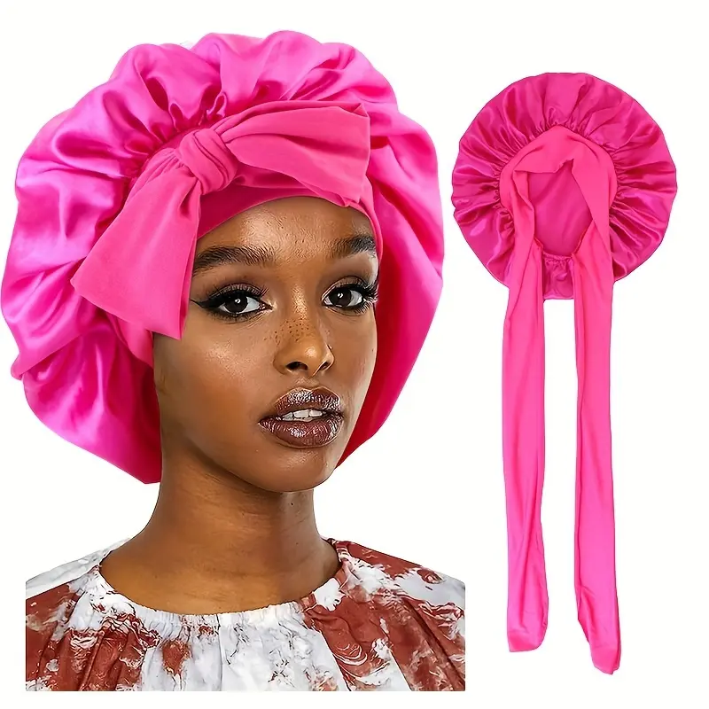 Women's Lightweight Satin Polyester Sleeping Cap - Elastic Wide Band, Large Bow Accent, Hair Protection & Hair Care Bonnet Hat, Haircare, Protects Hair