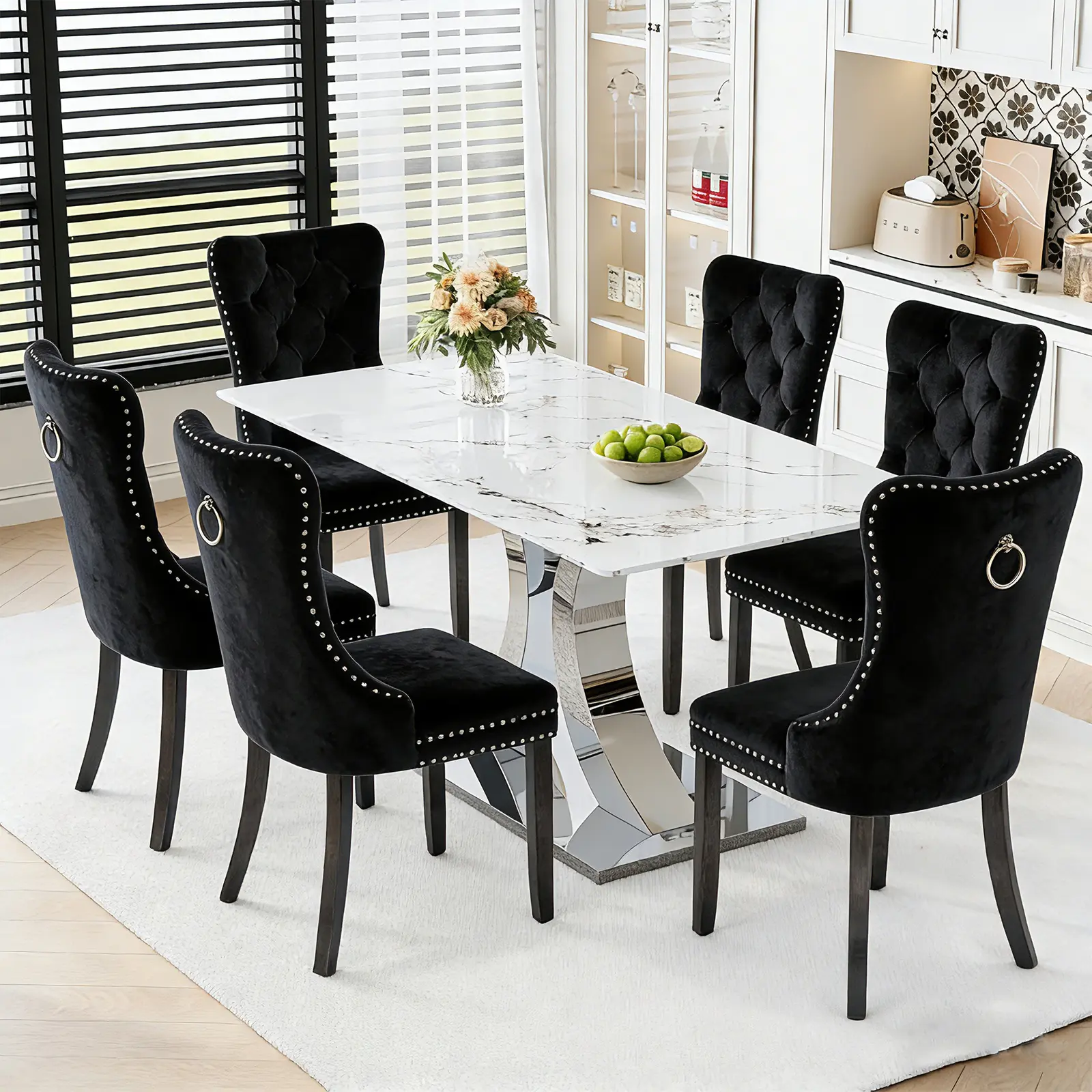 1 Table+6 Black Solid Wood Legs
