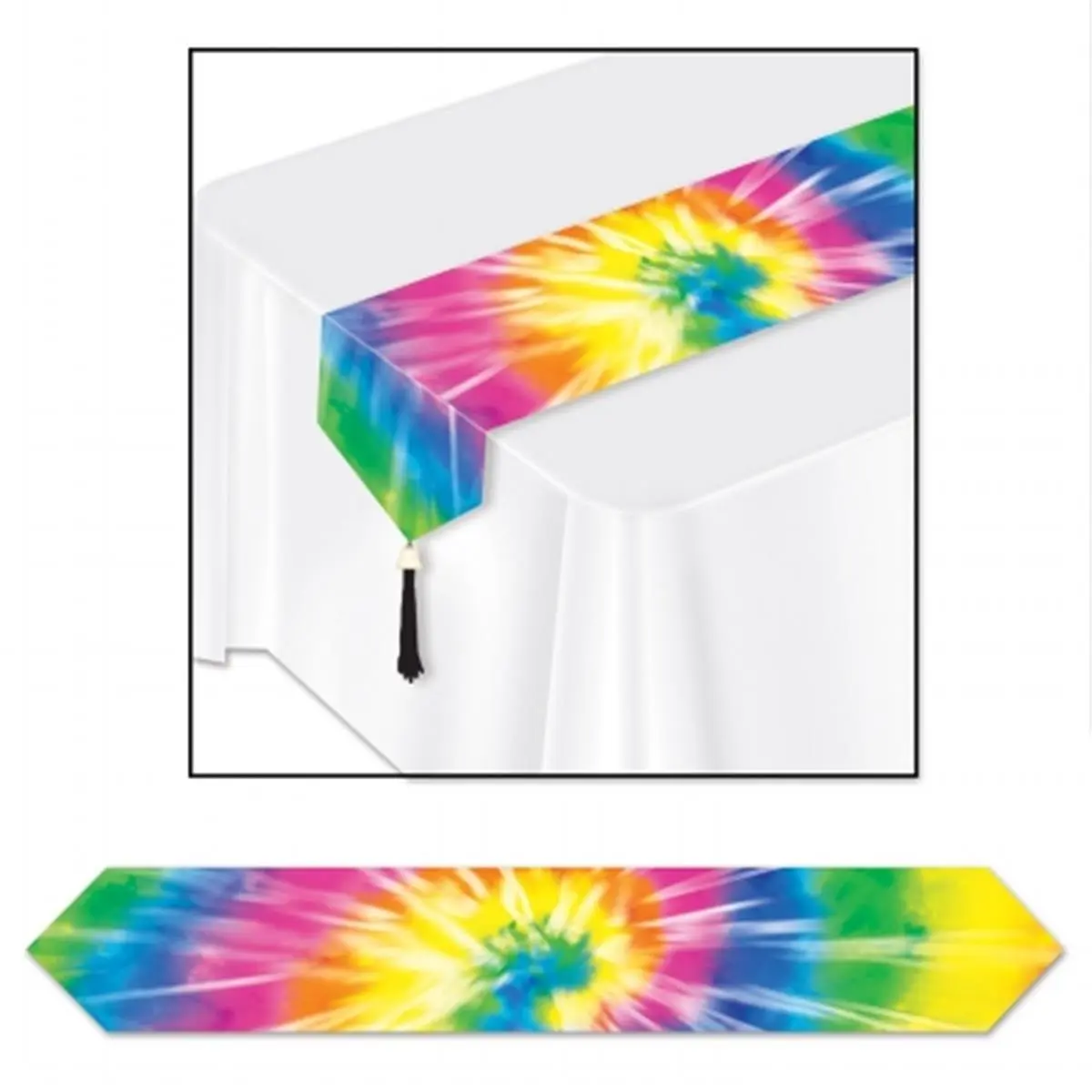 Beistle Company 11 in. x 6 ft. Colorful 60s Printed Tie-Dyed Table Runner, Household Kitchen Linen Textile for Room Decor