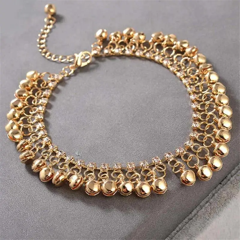 Women's 100% Brand New Ethnic Gold-Silver Alloy Synthetic Anklet, 1-Pc Tassel Bell Design, Beach Foot Bracelet, Indian Style Jewelry Accessories