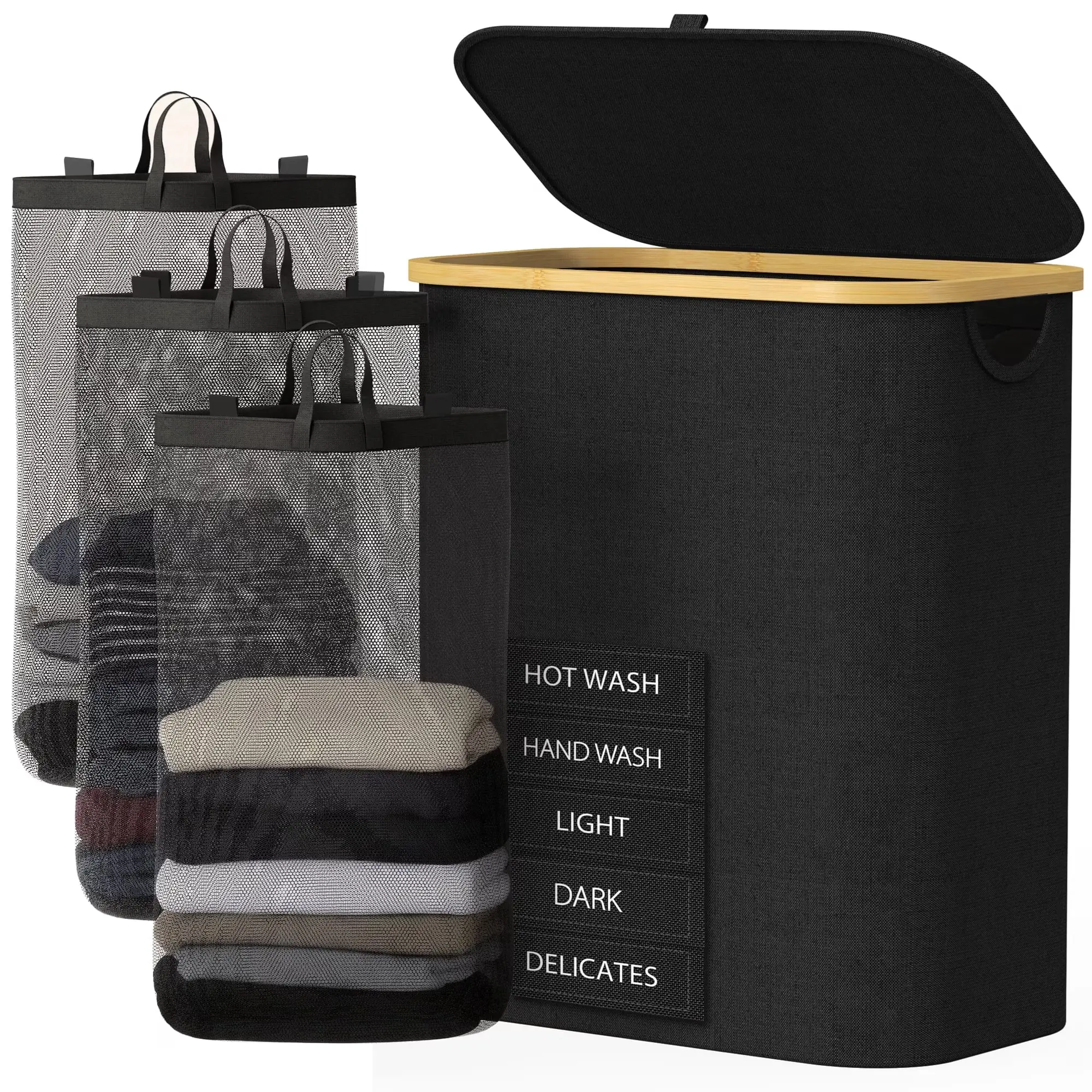 3 Section Laundry Hamper With Lid, 160L Large Capacity With Removable Bags And Washable Bags, 5 Labels For Clothes Sorting, Laundry Basket For Bedroom, Laundry Room, Small Apartment Laundry Sorter