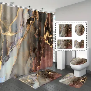 [Popular Choice]1pc/4pcs, bathroom curtains shower, bathroom set, shower curtains, bathroom rug, home decoration, bathroom mat, brown marble pattern, simple and luxurious theme decoration, bathroom set, with 12 hooks.