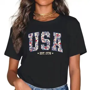 Preppy Floral USA EST 1776 Graphic Tee Patriotic Botanical Varsity Letter Short Sleeve 4th of July Summer BBQ Casual Southern Women's Clothes