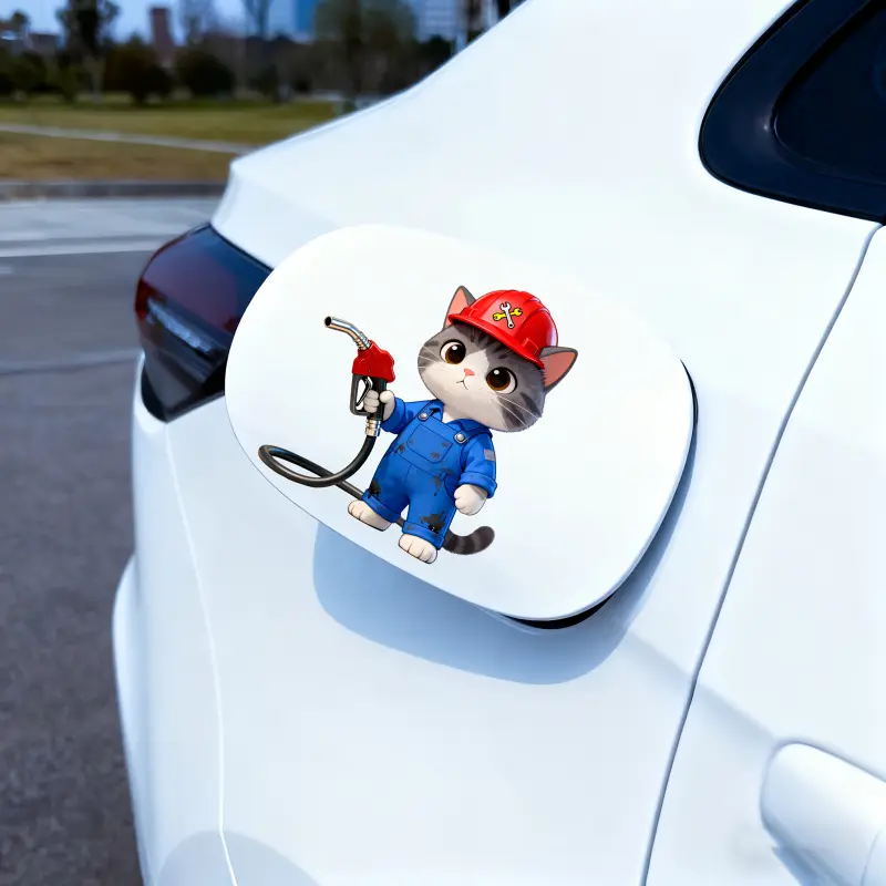 Gas Tank Car Sticker, Cute Kitten in Blue Uniform and Red Hat Design, PVC Self-Adhesive Waterproof Removable Decal for Auto Exterior Decoration Car Decals, Vehicle Decoration