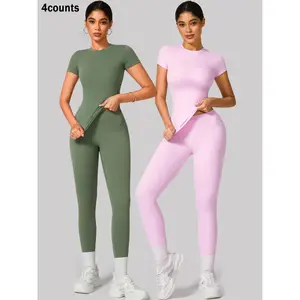 2/4 Counts Women's Solid Round Neck Tee & High Waist Leggings Tracksuit Set, Sporty Comfy Fitness Athletic  T-shirt & Skinny Pants for Yoga Gym Workout, Women's Tracksuits Active Wear , Fall Clothes Downtown Girl Outfit