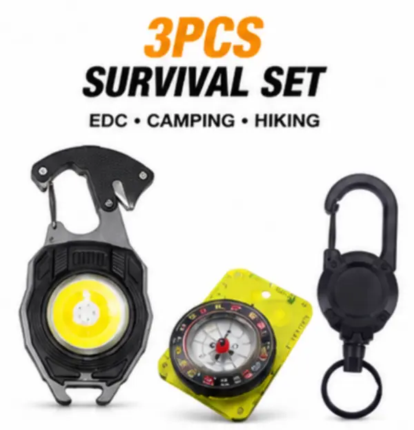 3PCS Outdoor Survival Kit with COB LED carabiner light, mini compass, and retractable keychain—perfect gift for dad; camping, hiking, EDC gear
