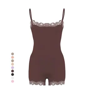 Lace Trim Adjustable Strap Short Bodysuit for Women, Stretchy Sports Fabric Smooth Tummy Control Sculpting One Piece Bodysuit with Elegant Lace Leg Design