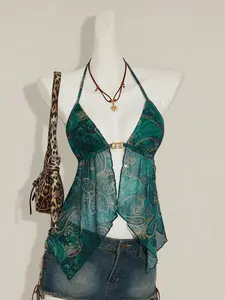 LUSHY Summer Beach Women's Allover Print Halter Neck Backless Camisole, Sexy Asymmetric Hem Top, Trendy Vacation Outfit for Tropical Travel