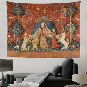 A family wall tapestry with a Lady with a unicorn as the background decoration. The soft peach-colored velvet wall hanging is suitable for use in living rooms and dormitories, and can be used for various home decorations. bedroom decor cool stuff for room