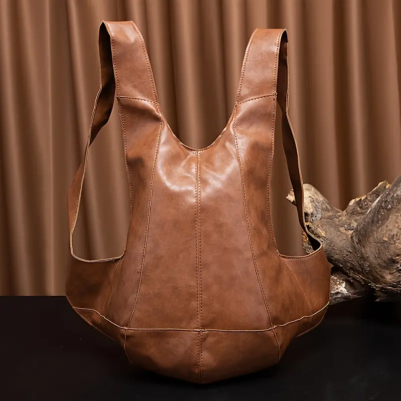 Casual PU Leather Backpack for Adults, Solid Dark Brown Multi-Function Daypack with Zip Closure, Ergonomic for School & Outdoor Adventures