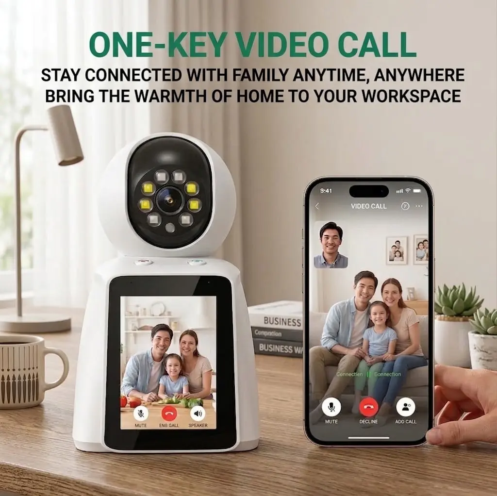 720P HD Indoor WiFi Security Camera with Color Display | Built‑in Fill Light, USB Plug‑In (No Battery Required), TPU 2‑Way Video Call, Adjustable Tabletop Mount, Auto Motion Alert, Local SD Card Storage | Home Monitor for Elderly & Household Security