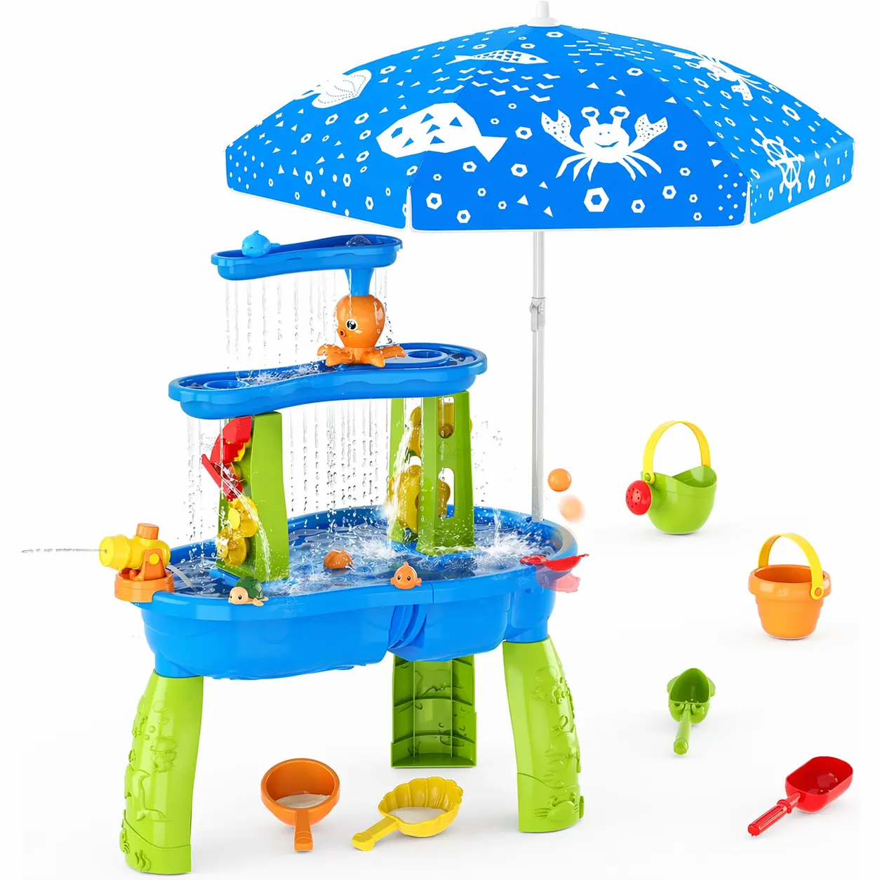 3-Tier Kids Sand Water Table with Umbrella (Pump Not Included), Kids Sand Water Table for Toddlers with Umbrella/Water Pumb, 3-Tier Outdoor Water Sand Play Table Beach Toys, Summer Splash Activity Sensory Table Party Birthday
