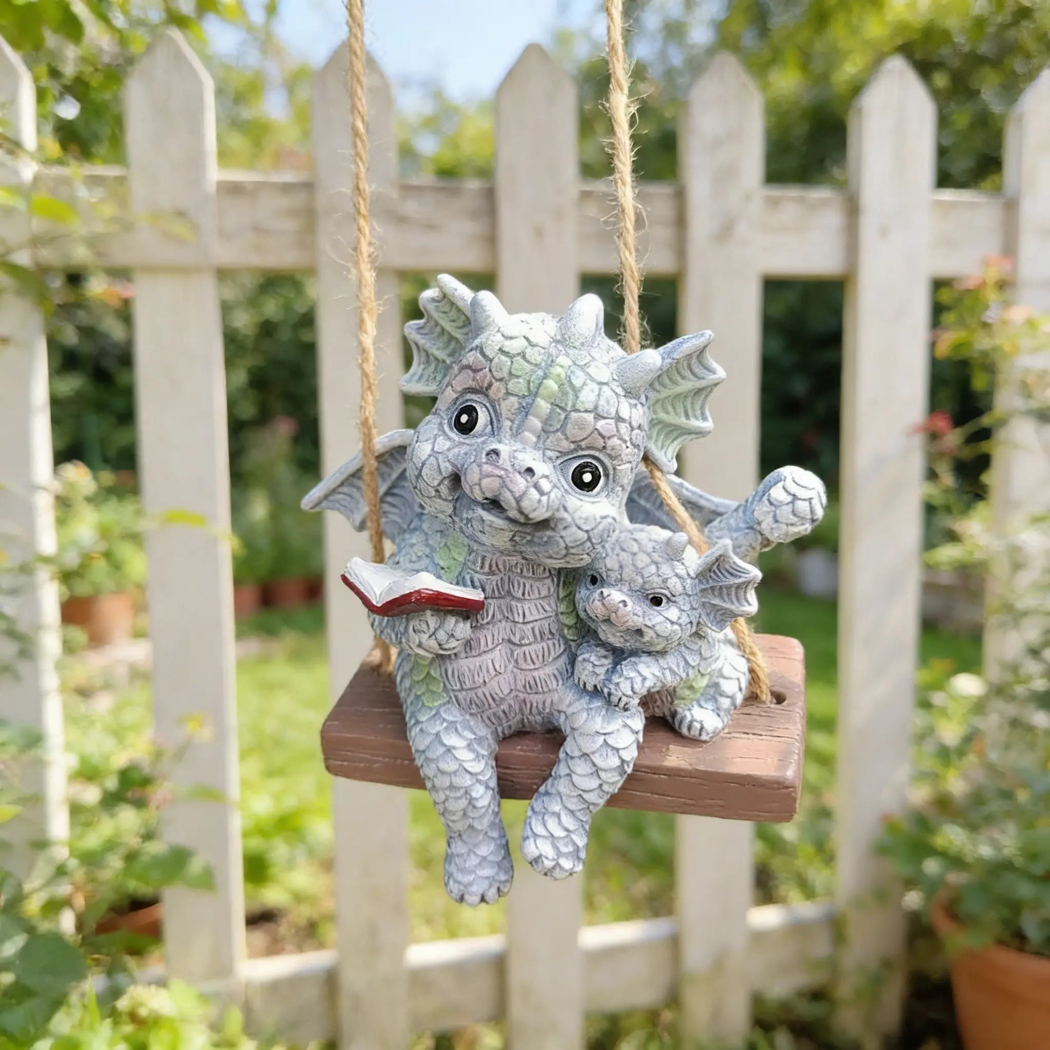New Cute Hanging Baby Dragon Garden Decoration, Decorative Resin Ornament for Courtyard, Dragon Garden Statue, Autumn Swing Mother Son Dragon Decor, Resin Sculptures, No Plated Precious Metal
