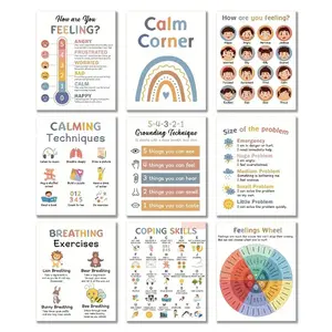 Calm Corner Poster, 9 Counts/set Classroom Supplies Charts, Classroom Calm Down Corner Feelings Chart, Emotions Chart, Coping Skills Classroom Decorations, Room Decor