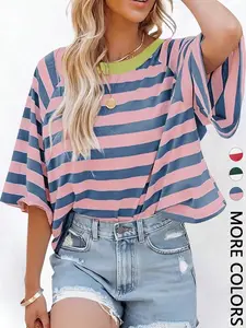 1 Piece Casual Minimalist Striped Pattern Round Neck Short Sleeve Loose Women's T-Shirt, Suitable For Summer, Oversized T Shirt