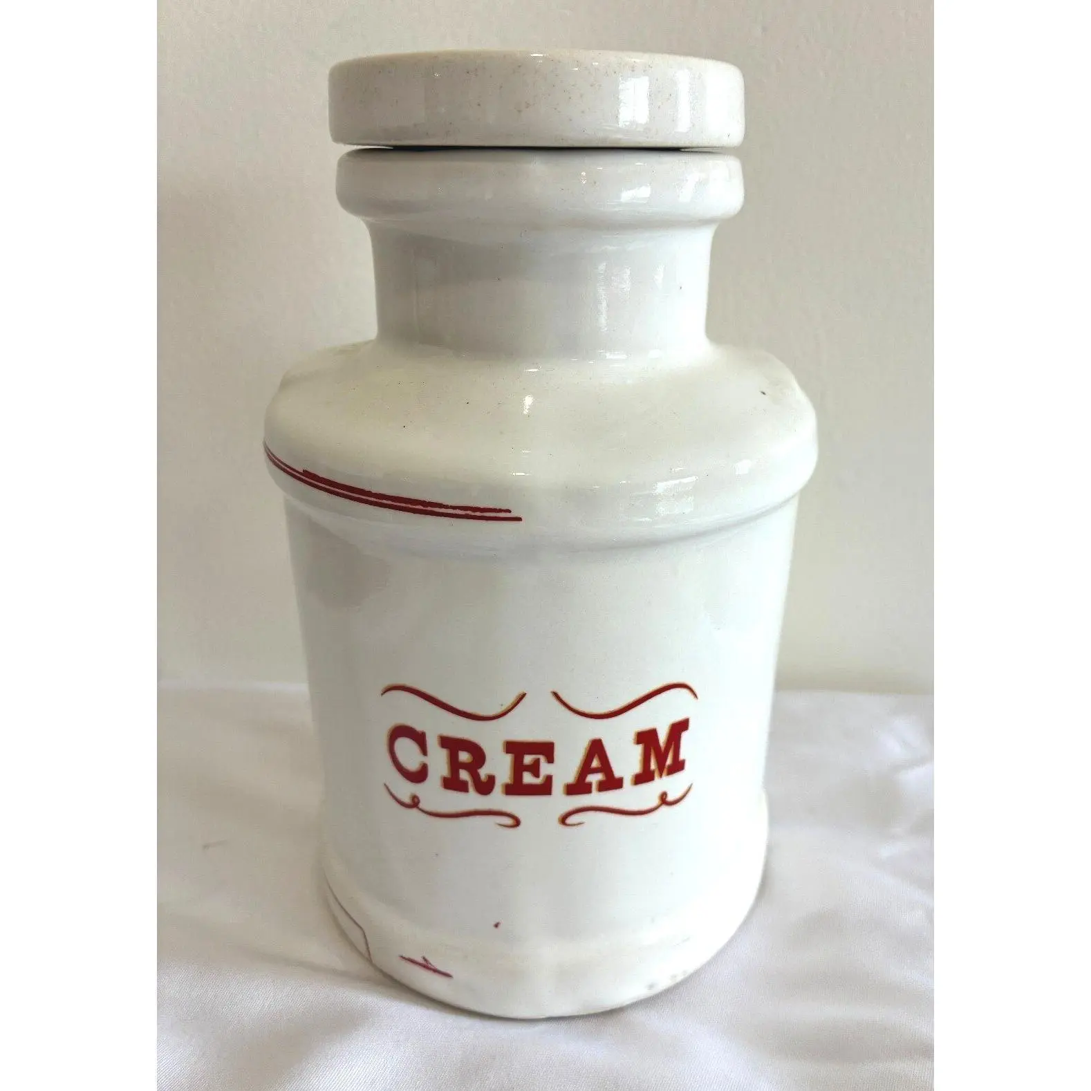 Vintage Ceramic Cream Canister with Lid, White Kitchen Storage Jar, Farmhouse Pantry Container