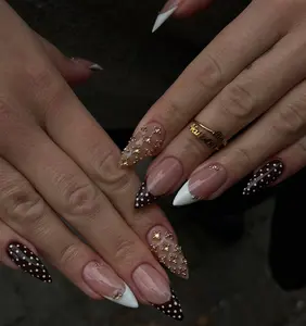 Chocolate Brown Press On Nails, Polka Dot French Tip Nails, 3D Gold Studded Gel Nails, Trendy Elegant Y2K Nails