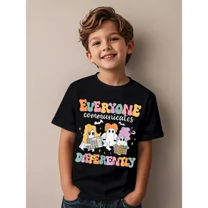 Boys & Girls Autism Awareness T-Shirt - Soft Breathable Short Sleeve Top with Colorful Patchwork & Rainbow Design, Sensory Friendly ASD Apparel for Spring Summer Casual Wear, Autism Acceptance Clothing