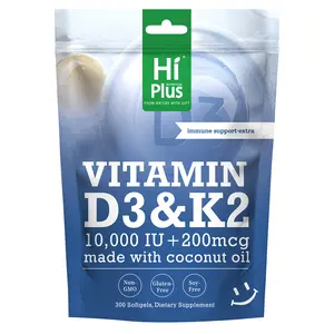HiPlus Vitamin D3 & K2 |10,000 lU + 200 mcg, Immune Support & Bone Health, Made with Coconut Oil, 300 Softgels