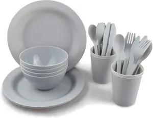 24PCS Plastic Plates and Bowls Sets, BPA-Free Dinnerware Accessories Mess Kit-Microwave oven, College Dorm Room Essentials Dishes Set with Mesh Bag