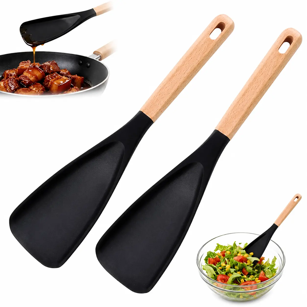 BPA-Free Matte Silicone Cooking Spoon with Ergonomic Wooden Handle, Nonstick-Safe Heat-Resistant Pan-Scratch-Proof Kitchen Utensil for Stirring, Scooping, Scraping & Serving, Multifunctional Easy-Clean Kitchen Supplies