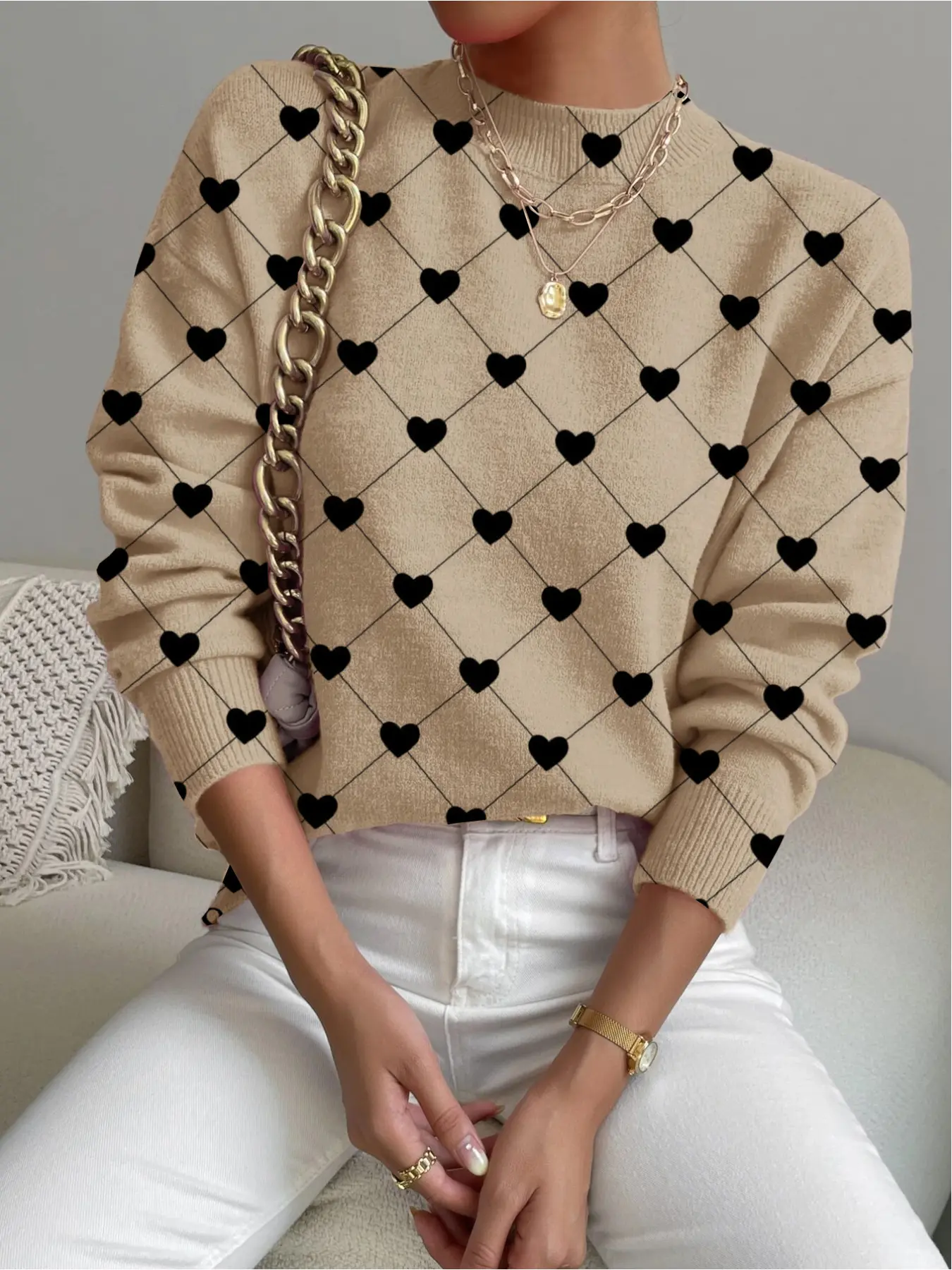 Women's Valentine's Day Geometric Heart Print Sweater, Casual Long Sleeve Knit Top, Fall Winter Warm Clothing, Festive Design, Knitwear