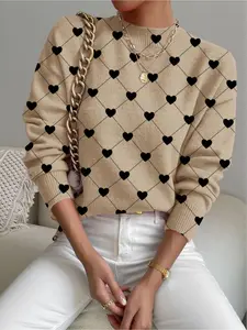 Women's Valentine's Day Geometric Heart Print Sweater, Casual Long Sleeve Knit Top, Knitwear, Fall Winter Warm Clothing, Festive Design