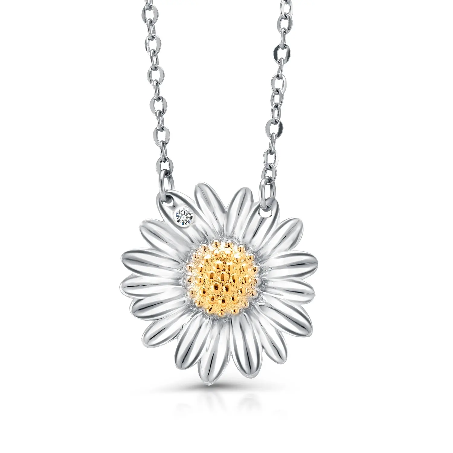 925 Sterling Silver Daisy Necklace-16'+2' Chain, Daisy Cubic Zirconia Necklace, Daisy Flower Necklace, Daisy Flower Charm Necklace