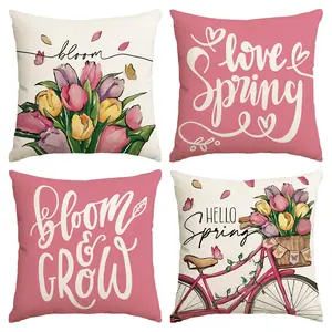 4pcs Spring Easter Decorative Pillow Set, Tulip Flower Bicycle Printed Sofa Decorative Cushion Set, Spring Farmhouse Living Room Decorative Pillow Set, Room Living Room Sofa Bedroom Seat Decorative Pillow Set, Cushion Slipcovers (without Pillow Core)